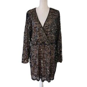 Boohoo Sequin Dress Size US 18 UK22 V Neck Long Sleeve Evening Holiday Party NWT